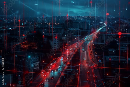 Digital visualization of a bustling city at night overlaid with red and blue data grid, symbolizing smart city technology and connectivity. Concept of urban life, innovation, and digital transformatio