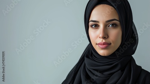 Close-up of a beautiful young Muslim woman wearing a black hijab gazing forward isolated in a grey studio background, Muslim beauty skincare concept. AI Generated. photo