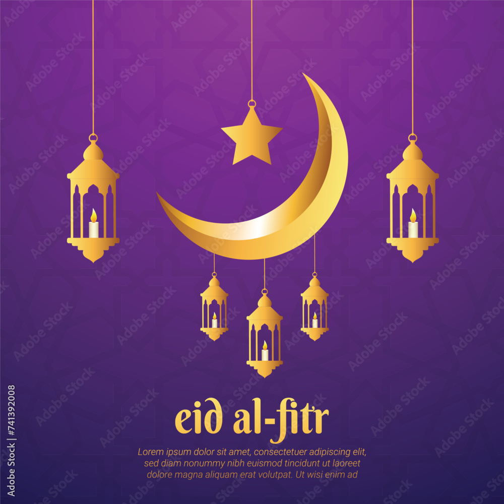Fototapeta premium Eid al Fitr greeting card with crescent moon and lanterns