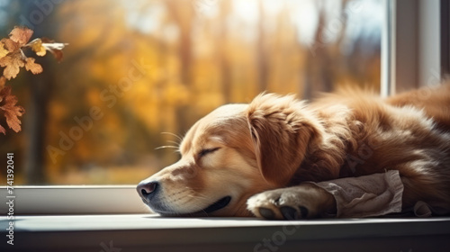 Charming, sweet puppy on window sill. Close-up, indoor. Day light. Concept of care, education, obedience training, raising pets