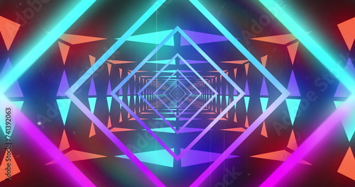 Image of neon shapes moving over digital tunnel