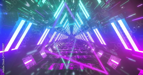 Image of neon shapes moving over digital tunnel
