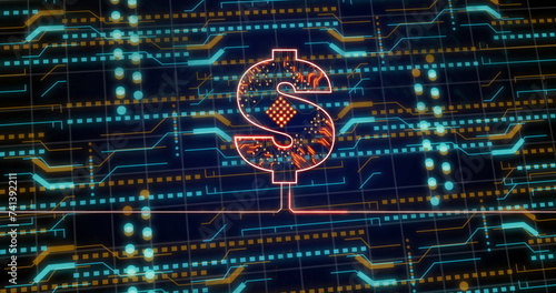 Image of american dollar sign and data processing over circuit board