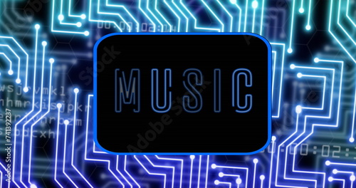 Image of music text, data processing over computer circuit board