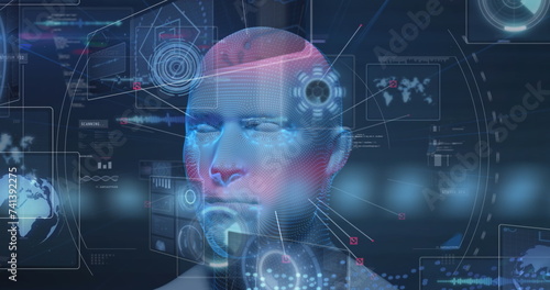 Image of spinning model of human head and data processing on interface