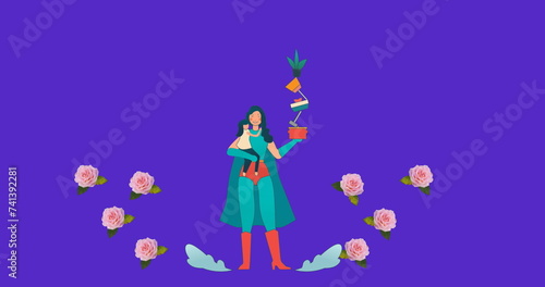 Image of superhero mum with daughter and plants flowers moving in hypnotic motion purple