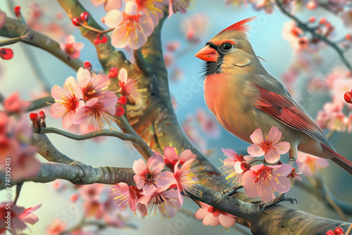 Female northern cardinal bird on a tree blossom
