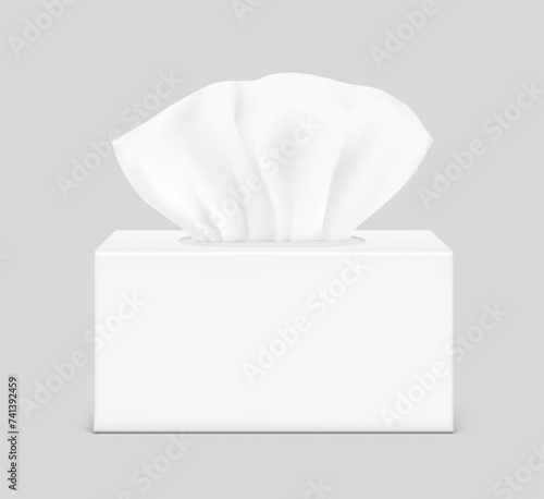 Realistic tissue set with box. Vector illustration isolated on grey background. Can be use for template your design, presentation, promo, ad. EPS10.