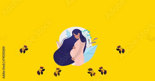Image of pregnant woman and butterflies moving in hypnotic motion on yellow background