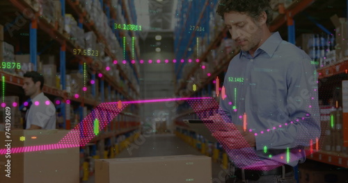 Image of financial data processing over diverse business people in warehouse