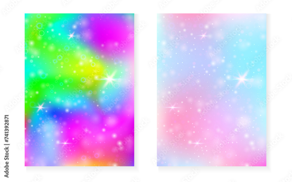 Unicorn background with kawaii magic gradient. Princess rainbow hologram. Holographic fairy set. Colorful fantasy cover. Unicorn background with sparkles and stars for cute girl party invitation. Unicorn background with kawaii magic gradient. Princess rainbow hologram. Holographic fairy set. Colorful fantasy cover. Unicorn background with sparkles and stars for cute girl party invitation.
