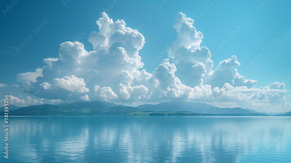 Cumulus clouds float in the sky above the calm ocean waters