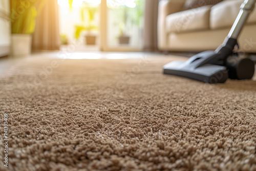 Vacuuming a Beige Carpet in a Sunlit Room