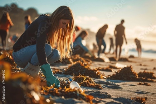 Candid scene of volunteers demonstrating commitment and teamwork while participating in a beach cleanup, an image of environmental responsibility and community, Generative AI