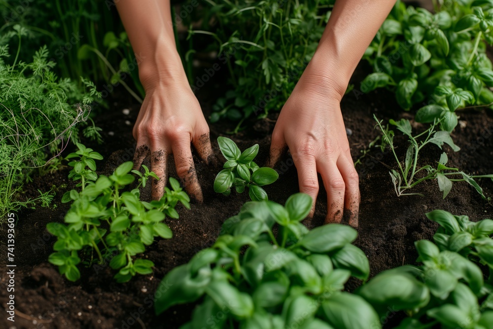 gardener with hands in soil, fresh herbs doubleexposed