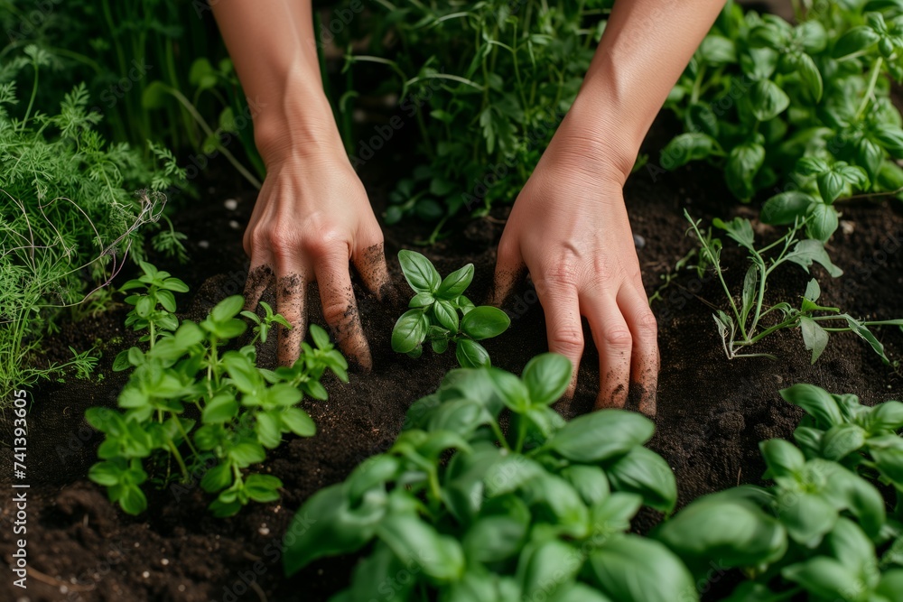gardener with hands in soil, fresh herbs doubleexposed gardener with hands in soil, fresh herbs doubleexposed