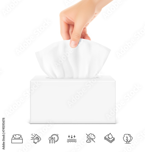 Realistic tissue set with box and icon set. Vector illustration isolated on white background. Can be use for template your design, presentation, promo, ad. EPS10.