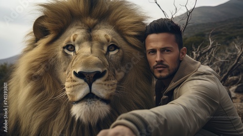 Man taking a selfie in embrace with lion, connection between humans and wildlife, person embracing a predator