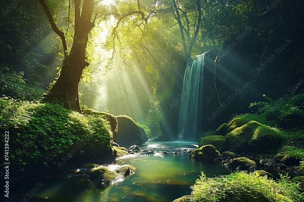 Peaceful forest oasis with a pond and soft waterfall and crepuscular rays, Generative AI