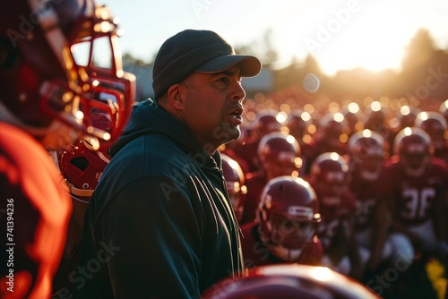 Inspiring high school football coach delivering a passionate speech, promoting leadership and motivation to a captivated sports team, Generative AI