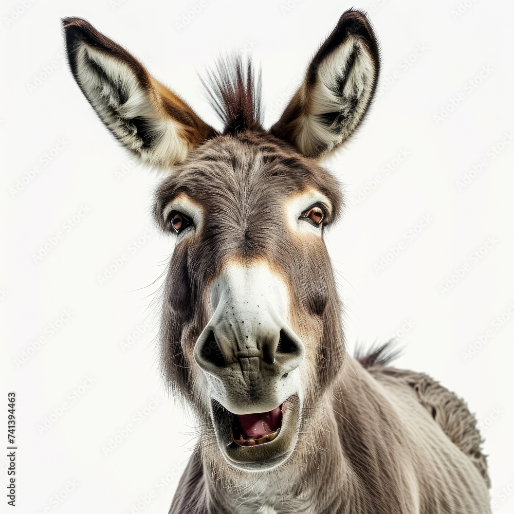 Portrait of a joyful happy smiling donkey isolated on a white background, Generative AI