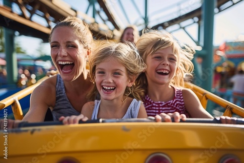 Mother and two children riding a rollercoaster at an amusement park or state fair, experiencing excitement, joy, laughter and summer fun, Generative AI