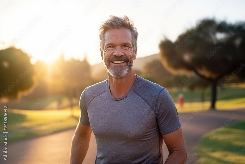 Handsome middle-aged man jogging in a park at sunrise Handsome middle-aged man jogging in a park at sunrise