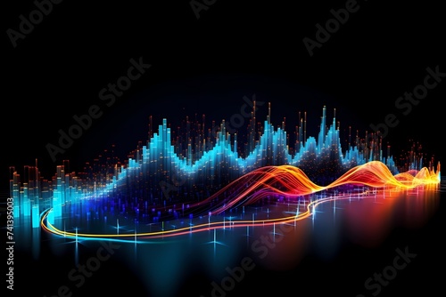 A dynamic visualization of stock market fluctuations represented through a mesmerizing display of neon light trails against a dark background.