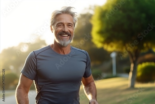 Portrait of a happy senior man jogging in the park at sunrise