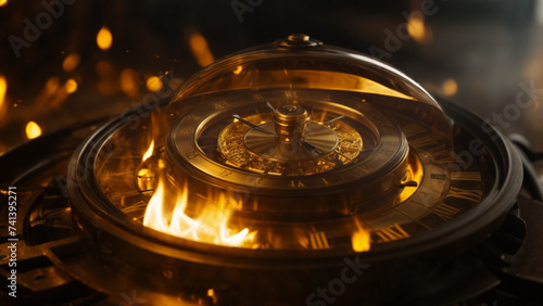 Golden gear clock fire background. Generative AI.