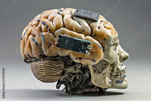 AI Brain Chip brain. Artificial Intelligence neural feedback training mind sata axon. Semiconductor data processing performance circuit board frontal lobe