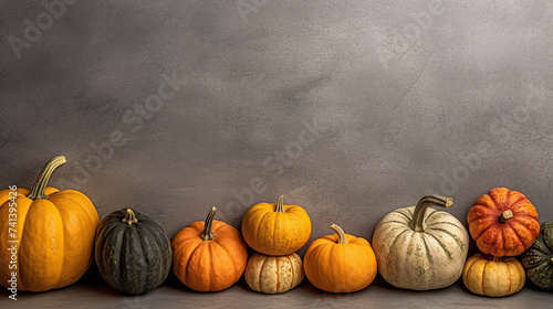 A group of pumpkins on a cement surface