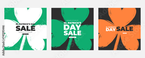 St. Patrick's Day Sale Set. Commercial backgrounds with brush stroke shamrock symbol for Paddy's Day season shopping promotion and sale advertising. Vector illustration.
