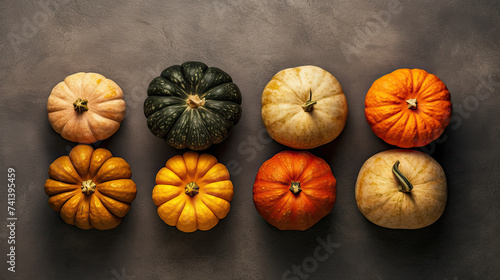 A group of pumpkins on a cement surface