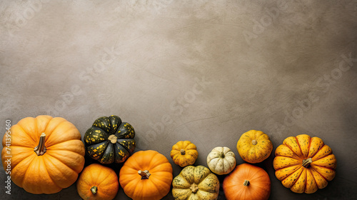 A group of pumpkins on a concrete surface