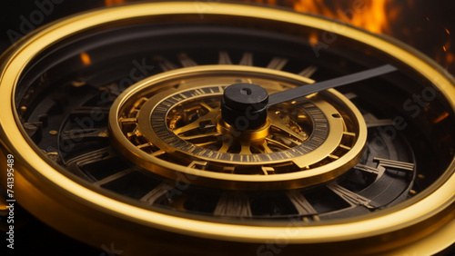 Golden gear clock fire background. Generative AI.
