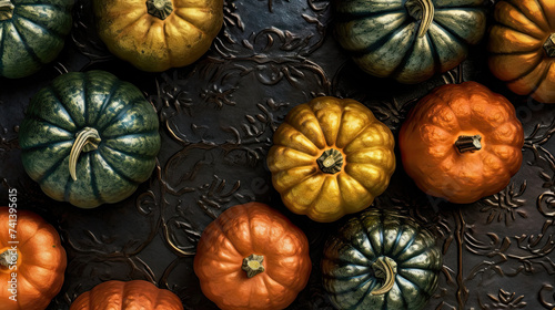 A group of pumpkins on a metal surface