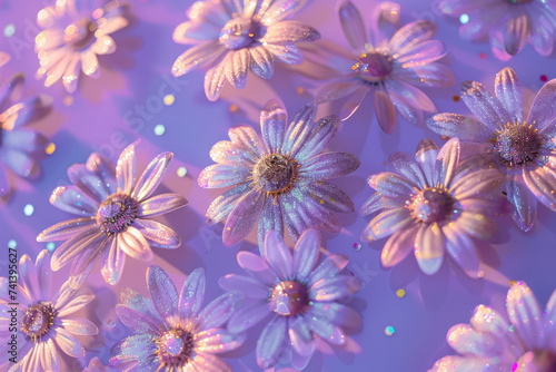 holographic glitter daisies on pastel purple backdrop for festive floral patterns