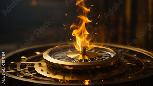 Golden gear clock fire background. Generative AI.