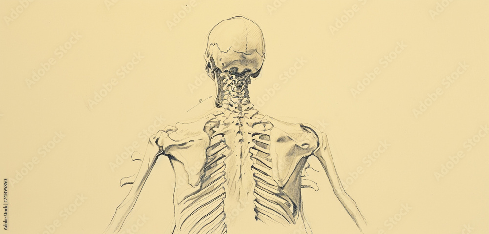 Sketch the rear view of a human skeleton, focusing on and labeling the structure of the hands and the placement of the shoulder blades on a light sage background
