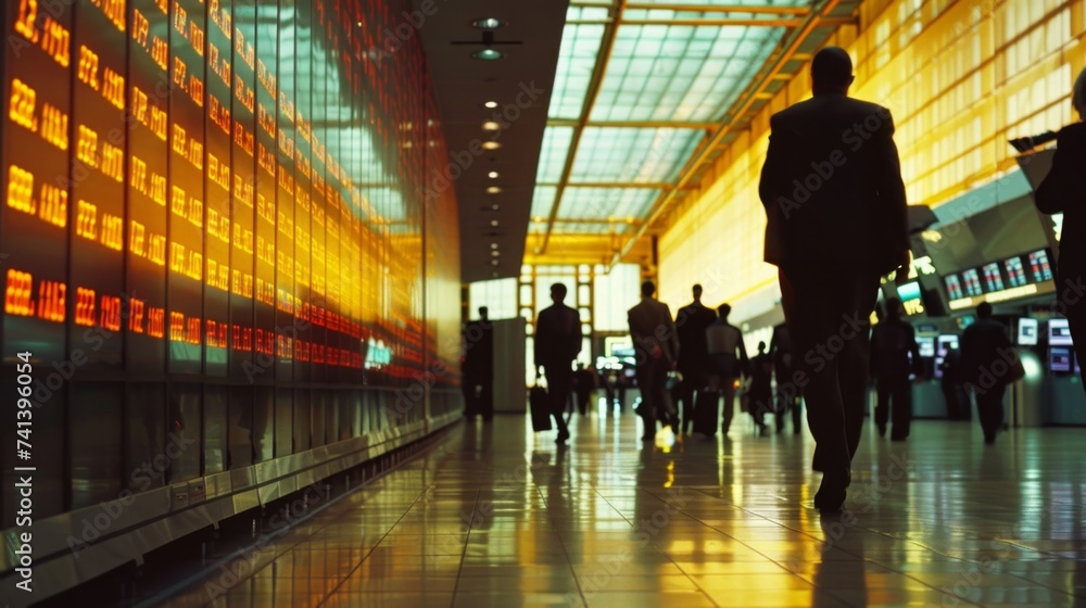 Silhouetted business people walking by a stock exchange display, signifying global finance and trade, for financial reports, market news, or business background.