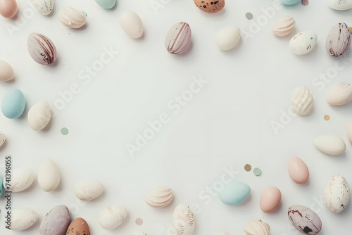 Colorful Easter eggs on pastel background. Happy Easter concept with copy space