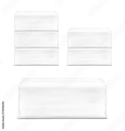 Realistic soft pack and multipack mockups for facial tissue. Vector illustration isolated on white background. Can be use for template your design, presentation, promo, ad. EPS10.