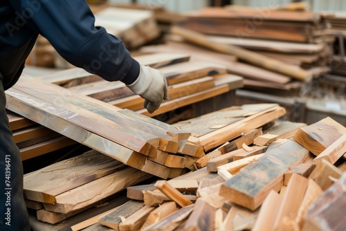 worker sorting and grading cut wooden boards by size