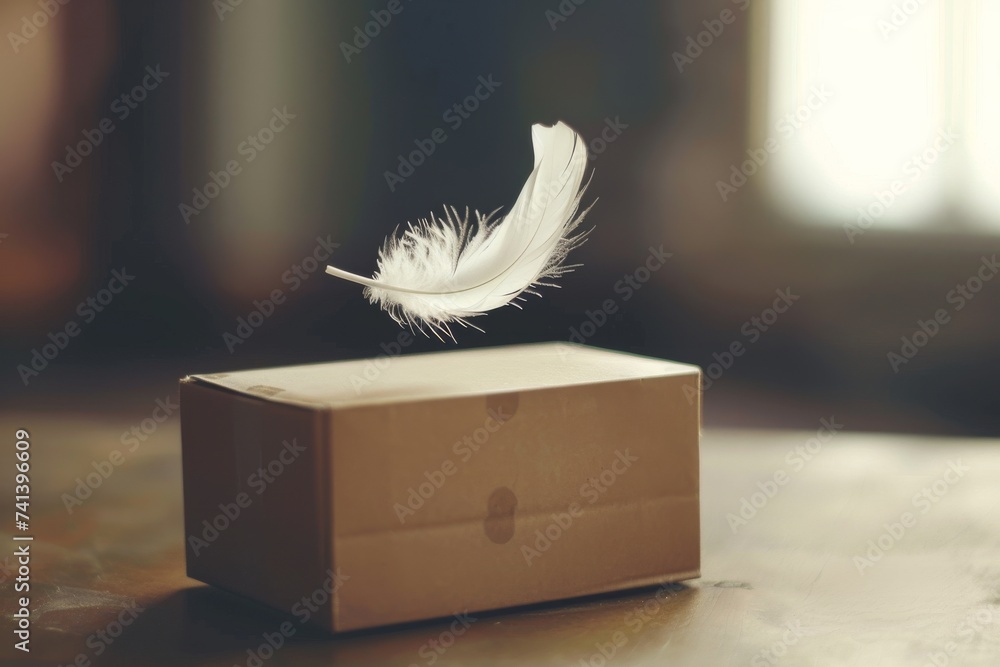 fluffy white feather, a symbol of hope and resilience, nestles comfortably in a vintage wooden box on a well-loved table - obrazy, fototapety, plakaty 