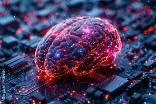AI Brain Chip digital evaluation. Artificial Intelligence creativity mind axon navigation axon. Semiconductor cognitive enhancement chip circuit board meg