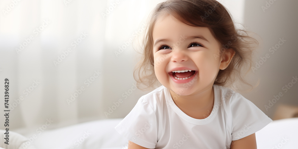 Cute little brunette girl smiling in cozy interior. Banner with copyspace. Shallow depth of field. Cute little brunette girl smiling in cozy interior. Banner with copyspace. Shallow depth of field.