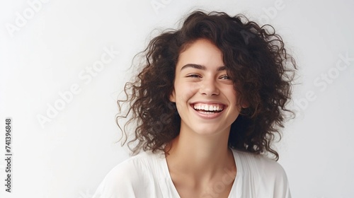 Universal photorealistic banner with a girl smiling with beautiful white teeth  close-up on a white plain background  close-up with space to insert text