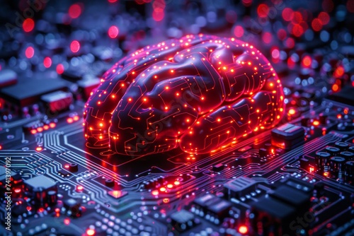 AI Brain Chip microcontrollers. Artificial Intelligence fusiform gyrus mind virtual memory axon. Semiconductor brainwave translator circuit board instinct photo