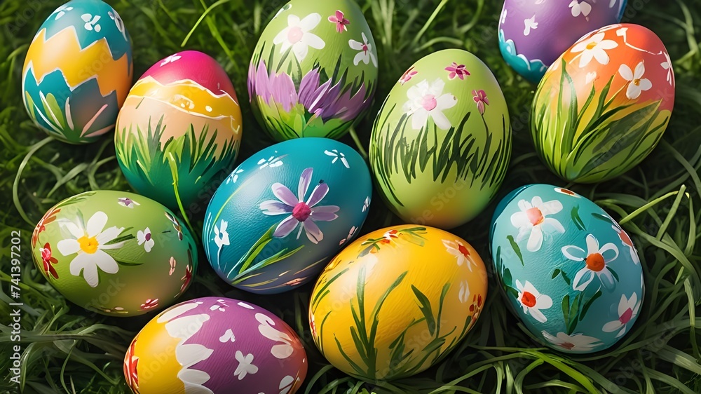 Fototapeta premium Colorful hand painted Easter eggs on grass. Banner, panoramic